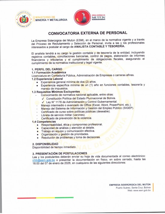 CONVOCATORIA PARA ANALISTA CONTABLE Y TESORERÍA  - Empresa Siderúrgica del Mutún
