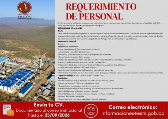 CONVOCATORIA EXTERNA DE PERSONAL (RESPONSABLE DE ALMACEN)  - Empresa Siderúrgica del Mutún
