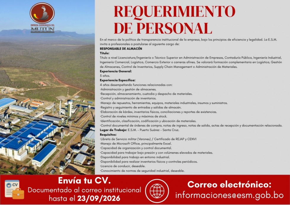 CONVOCATORIA EXTERNA DE PERSONAL (RESPONSABLE DE ALMACEN)  - Empresa Siderúrgica del Mutún