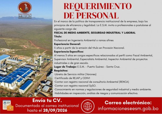 CONVOCATORIA EXTERNA DE PERSONAL (FISCAL DE MEDIO AMBIENTE, SEGURIDAD INDUSTRIAL Y LABORAL)  - Empresa Siderúrgica del Mutún