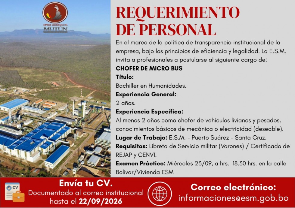 CONVOCATORIA EXTERNA DE PERSONAL (CHOFER DE MICRO BUS)  - Empresa Siderúrgica del Mutún