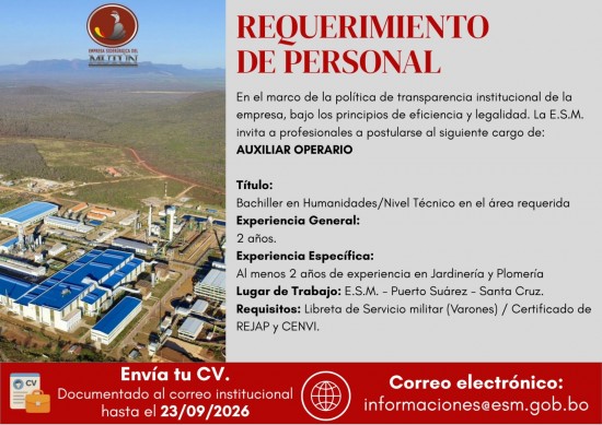 CONVOCATORIA EXTERNA DE PERSONAL (AUXILIAR OPERARIO)  - Empresa Siderúrgica del Mutún