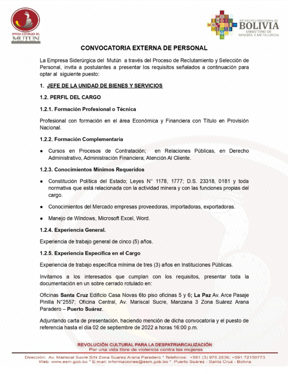 CONVOCATORIA EXTERNA DE PERSONAL   - Empresa Siderúrgica del Mutún