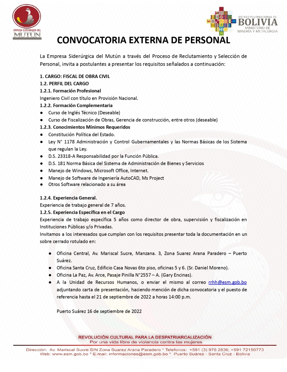 CONVOCATORIA PARA FISCAL DE OBRA CIVIL  - Empresa Siderúrgica del Mutún