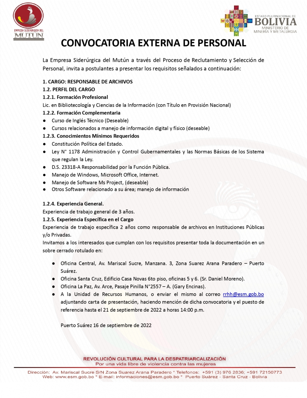 CONVOCATORIA PARA RESPONSABLE DE ARCHIVOS  - Empresa Siderúrgica del Mutún