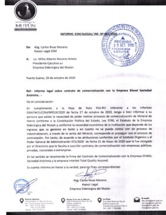 La ESM entrega el INFORME LEGAL y el INFORME COMERCIAL que justifica la venta y comercialización del Mineral de Hierro del Mutún.  - Empresa Siderúrgica del Mutún