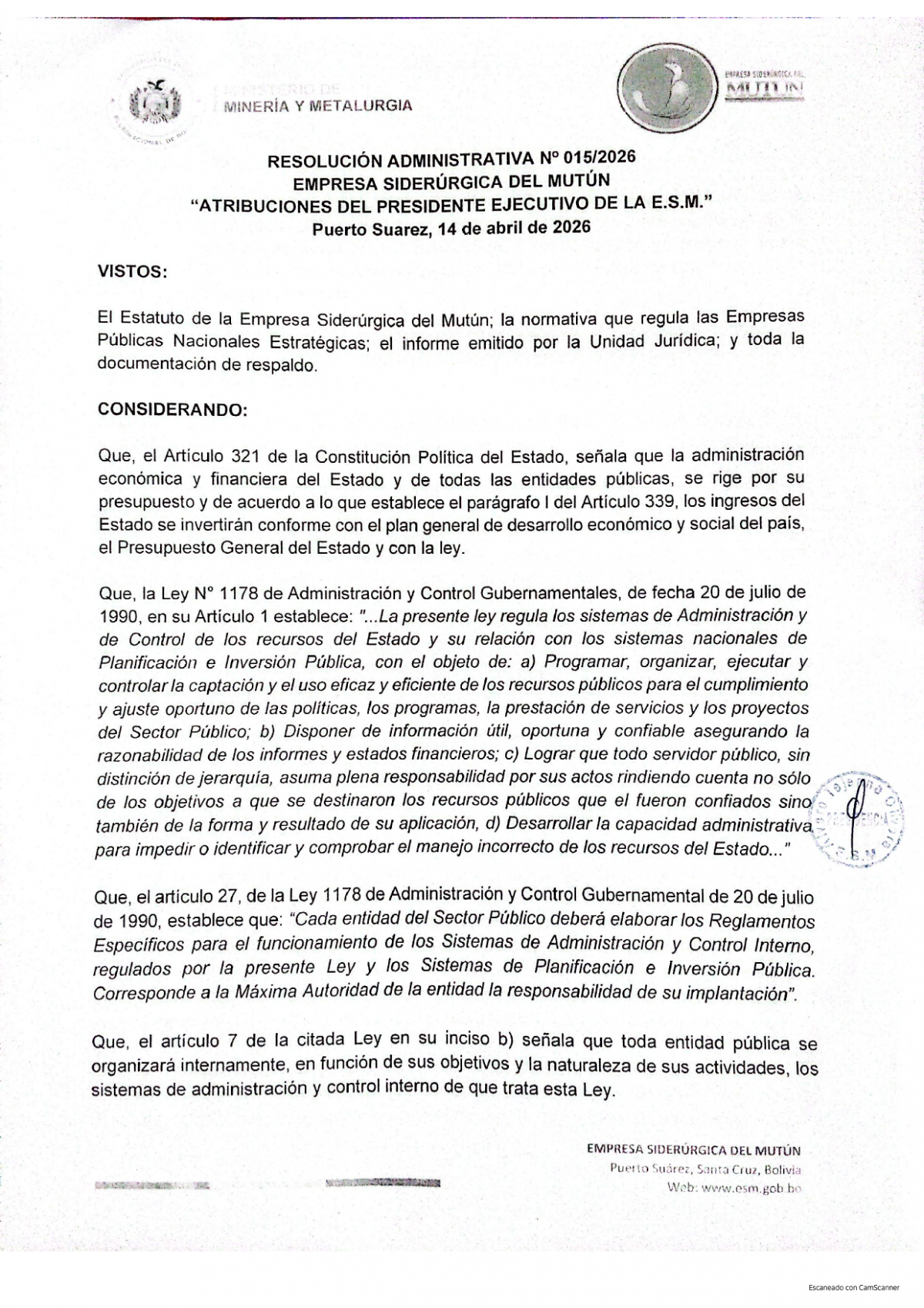 RESOLUCION ADMINISTRATIVA 015/2026  - Empresa Siderúrgica del Mutún